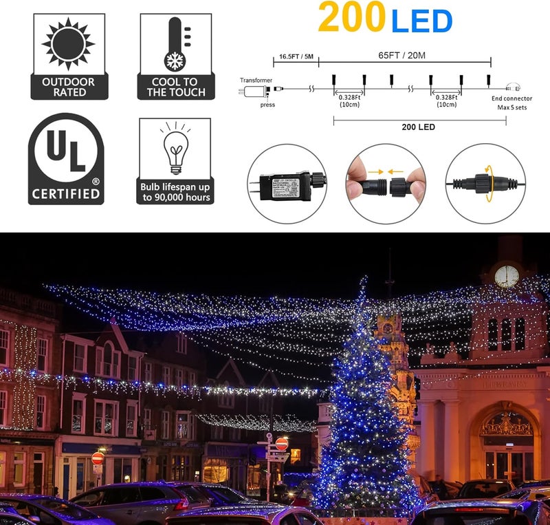 weillsnow Outdoor Christmas Decoration,66 FT 200 LED String Lights with Timer Memory Function,Plug in Waterproof Fairy Lights for Indoor Outdoor Home Room Garden Christmas Party Decor(Blue&White) - Image 2